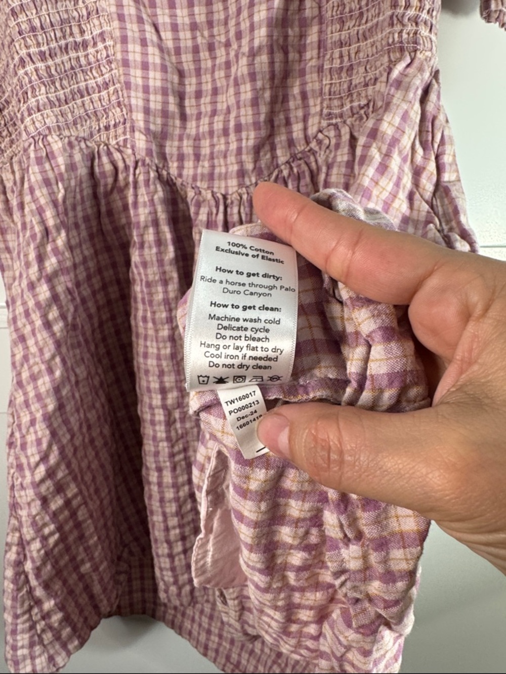 Tecovas Lavender Pink Gingham Smocked Babydoll Dress w/ pockets size Large - Picture 5 of 7